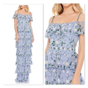 Mac Duggal Beaded Floral Tiered Chiffon Column Gown size 6 in Stormy Blue - NEW